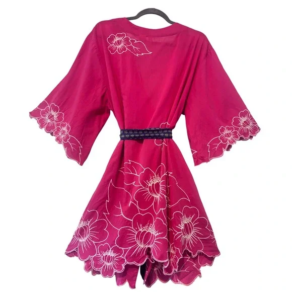 Anthropologie Eloise Floral Embroidered Kimono Robe Dress M/L Pink Boho Lounge - Picture 2 of 11